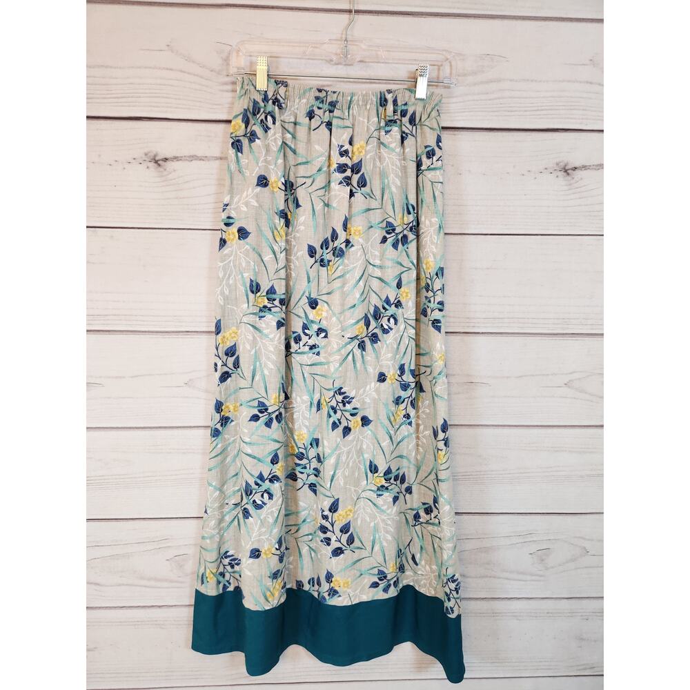 Orvis Vintage Women's Blue Tan Floral‎ Linen Elastic Waist A-Line Midi Skirt  6